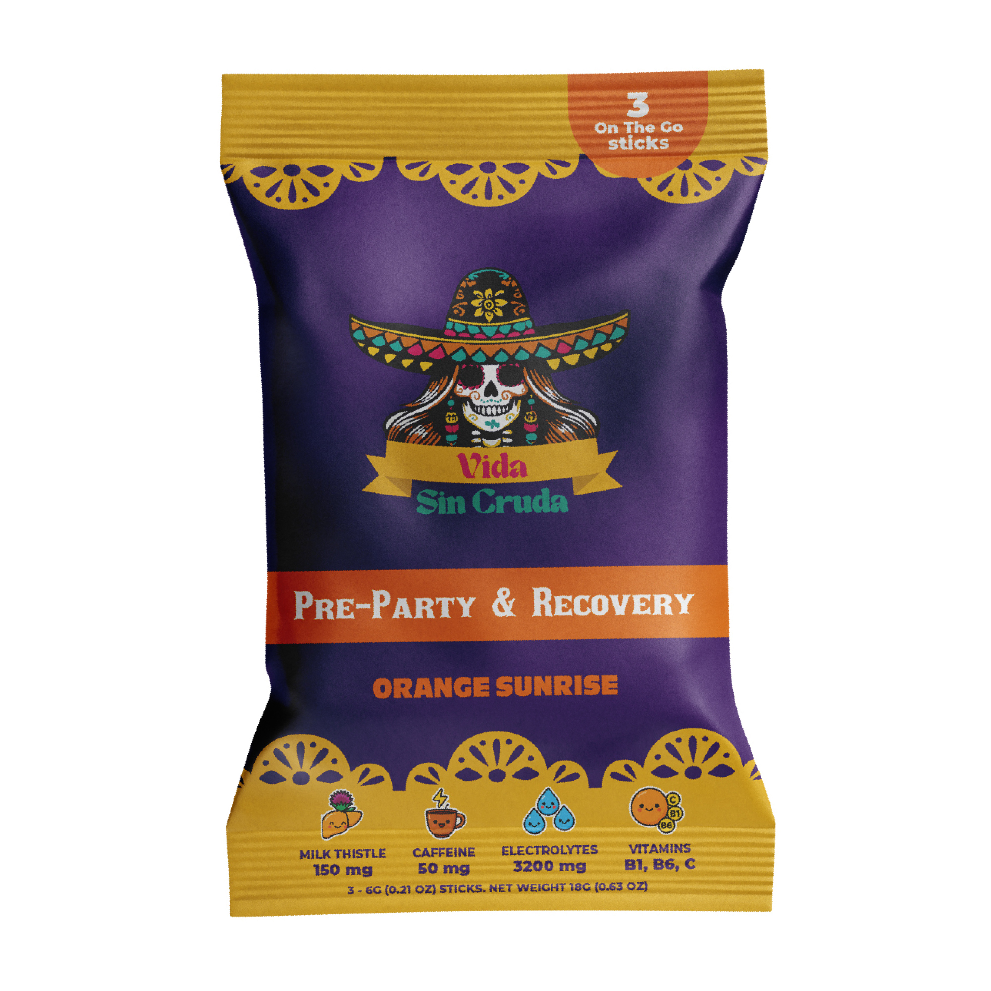 Vida Sin Cruda Pre-Party & Recovery, Orange Sunrise — 3 on-the-go sticks